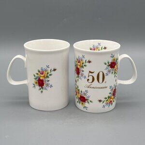 Vintage 50th Anniversaire Floral Porcelain Mug Set of 2 White Gold Script